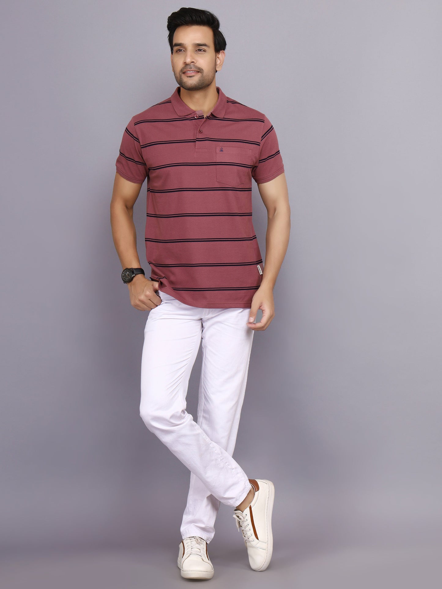 Arbour Men Polo Neck Stripes Pocket Half Sleeves T-Shirt