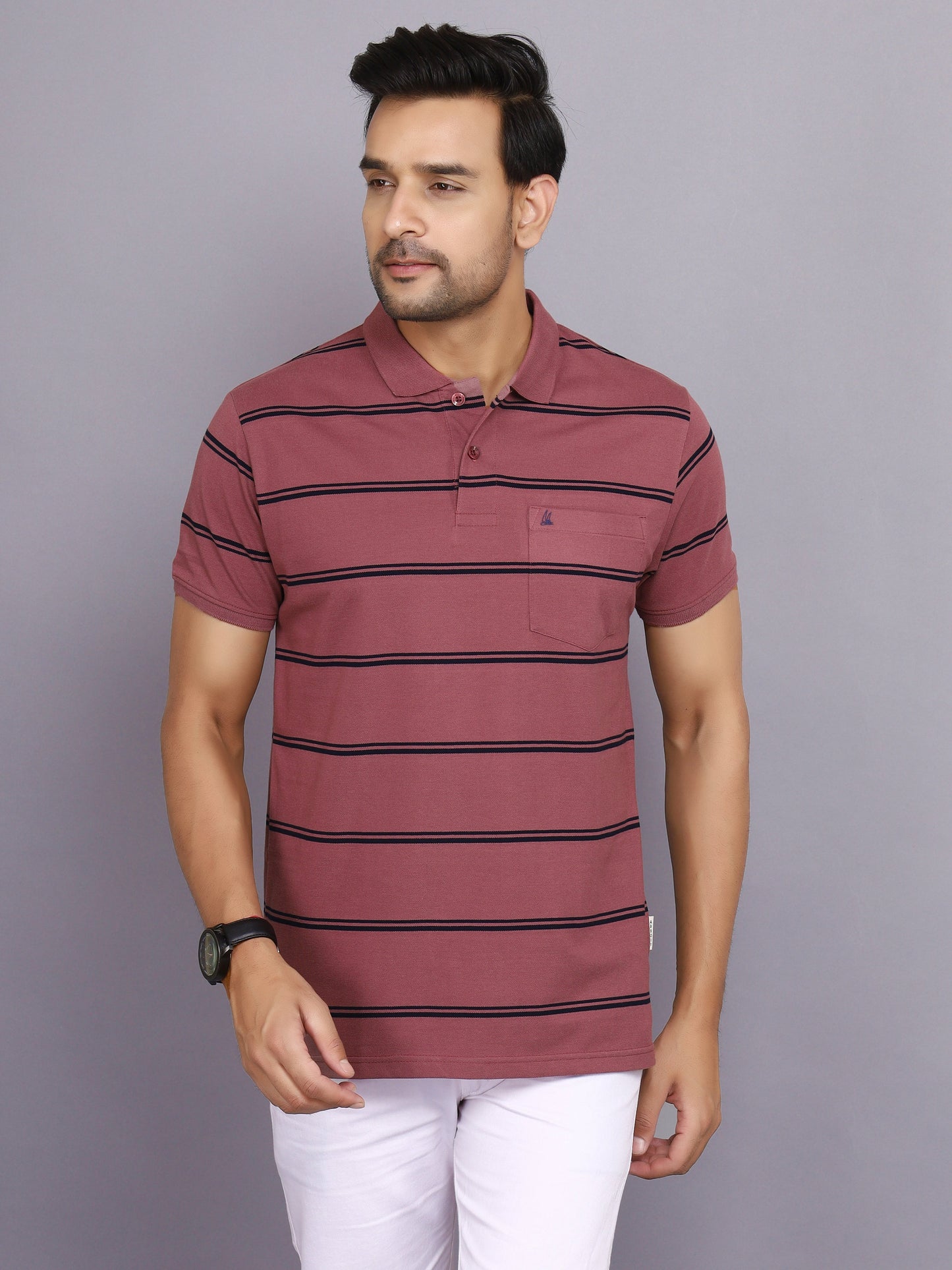 Arbour Men Polo Neck Stripes Pocket Half Sleeves T-Shirt