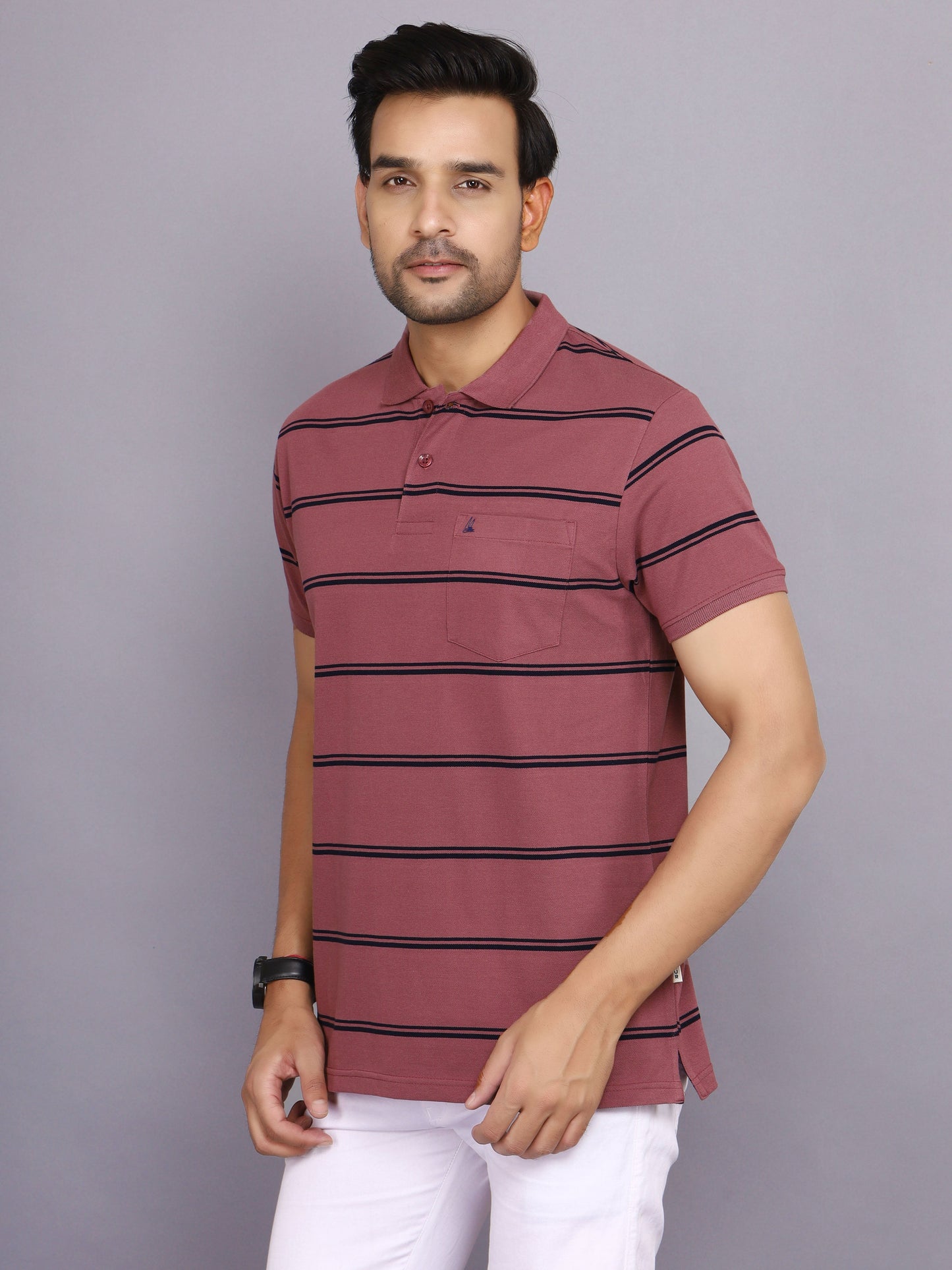 Arbour Men Polo Neck Stripes Pocket Half Sleeves T-Shirt