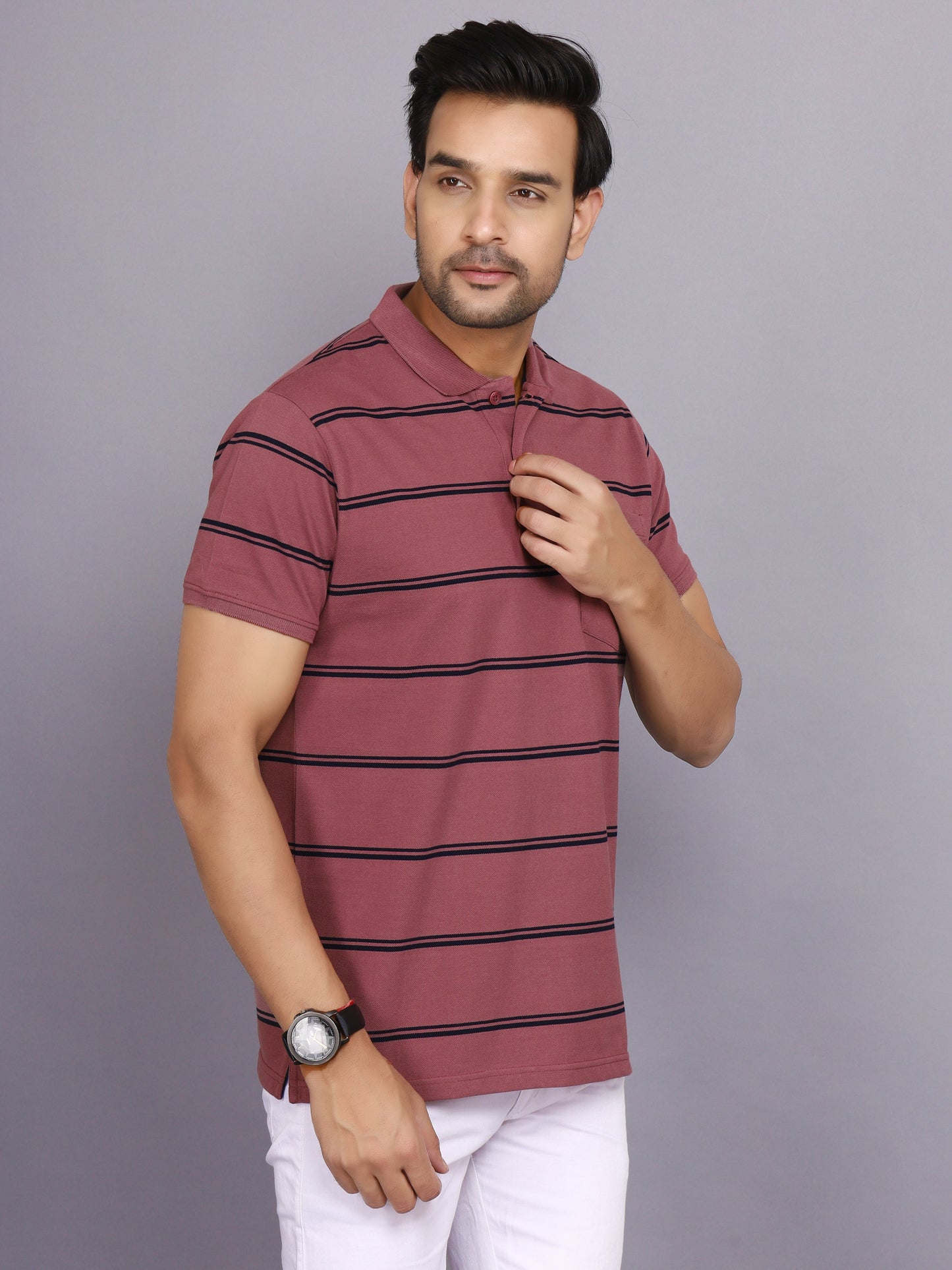 Arbour Men Polo Neck Stripes Pocket Half Sleeves T-Shirt