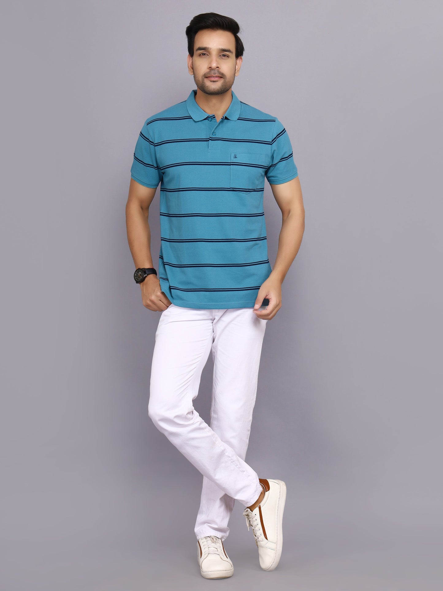 Arbour Men Polo Neck Stripes Pocket Half Sleeves T-Shirt