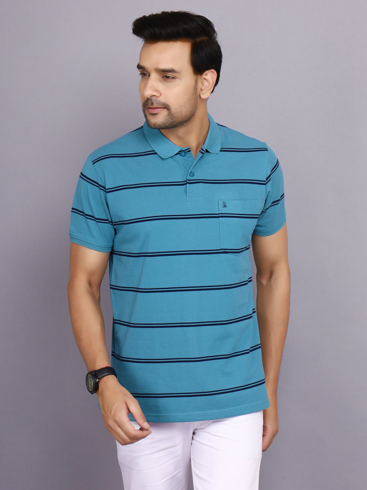 Arbour Men Polo Neck Stripes Pocket Half Sleeves T-Shirt