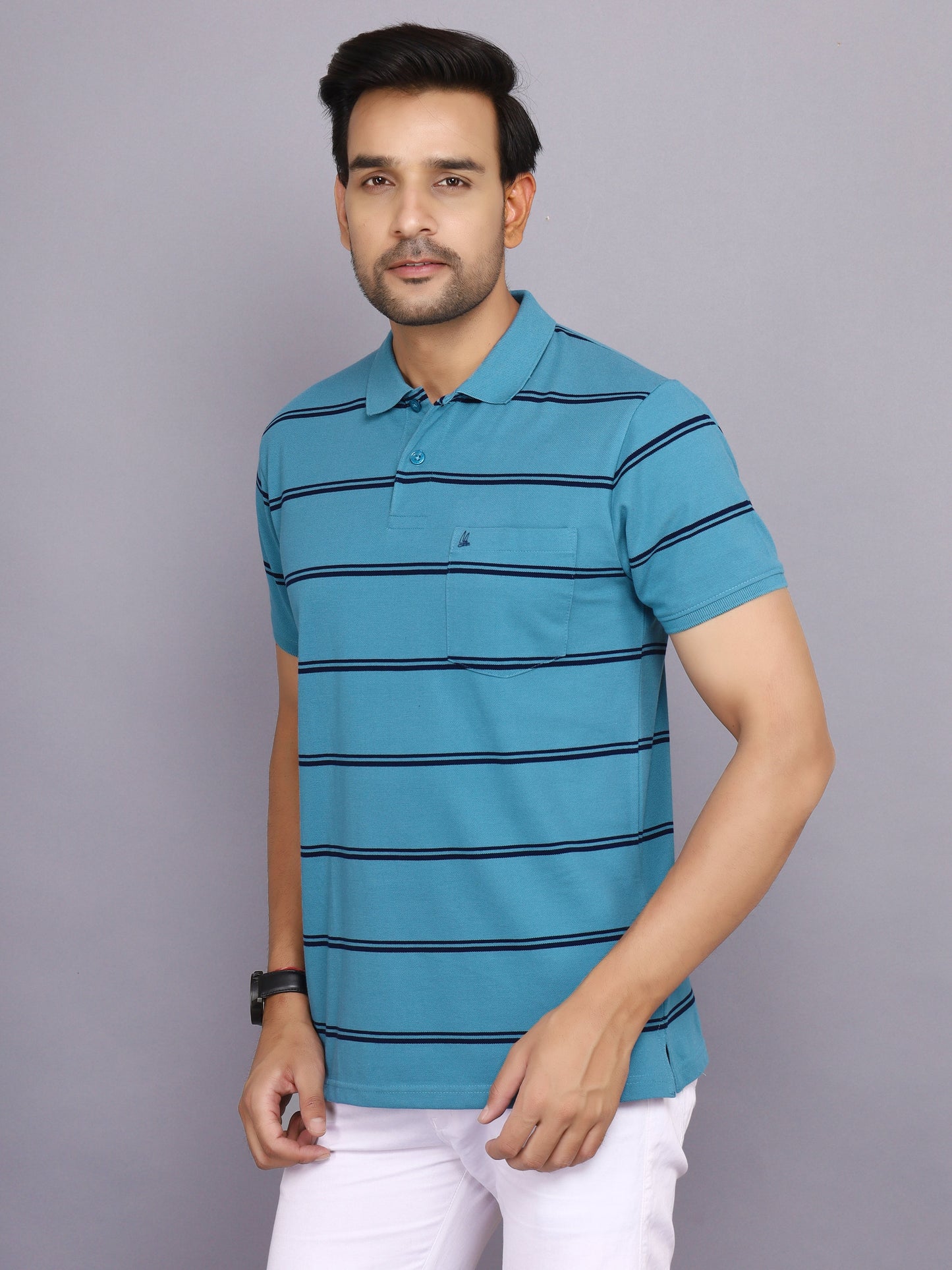 Arbour Men Polo Neck Stripes Pocket Half Sleeves T-Shirt