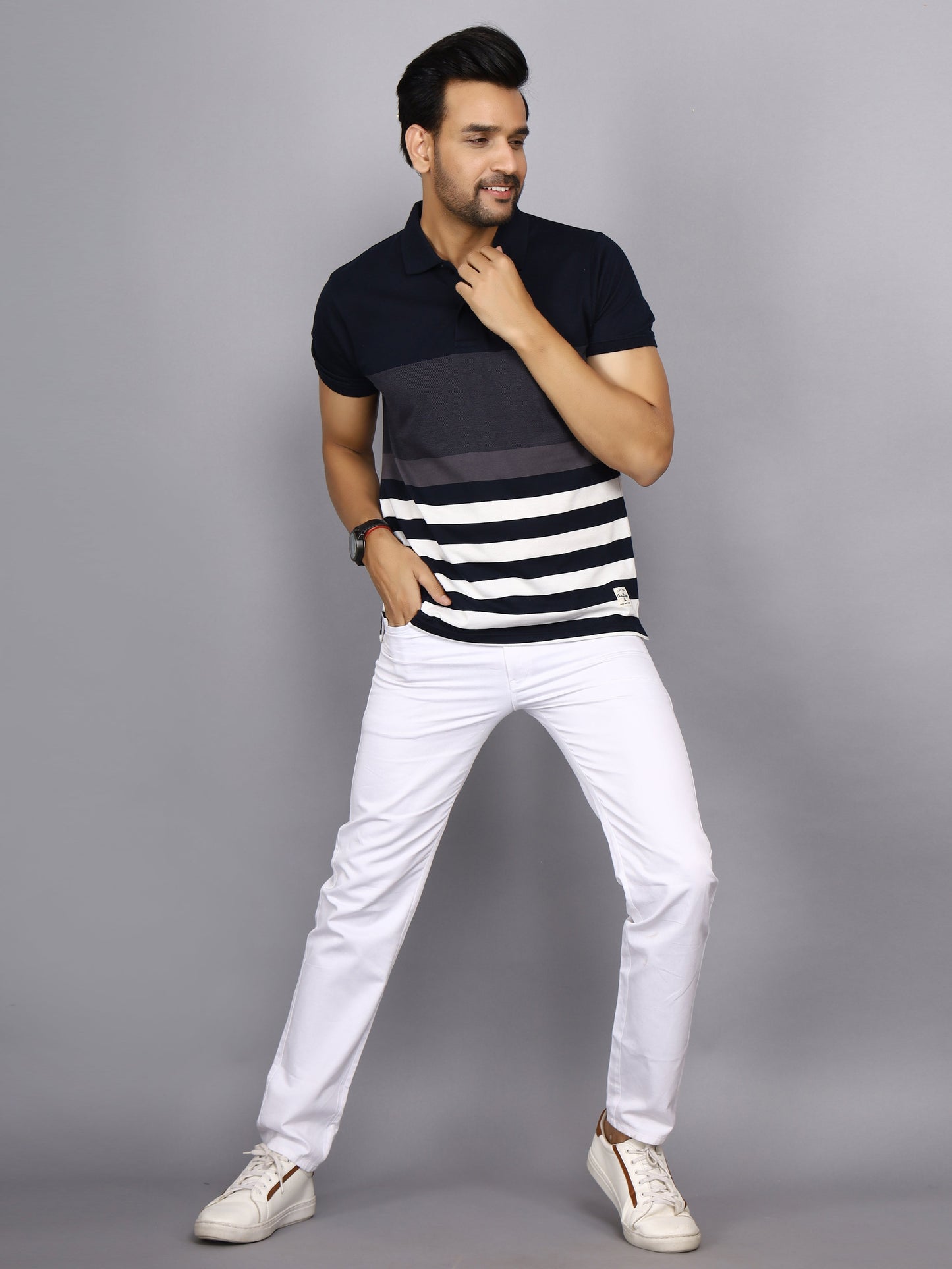 Men Striped Polo Neck Cotton Blend Half Sleeve T-Shirt