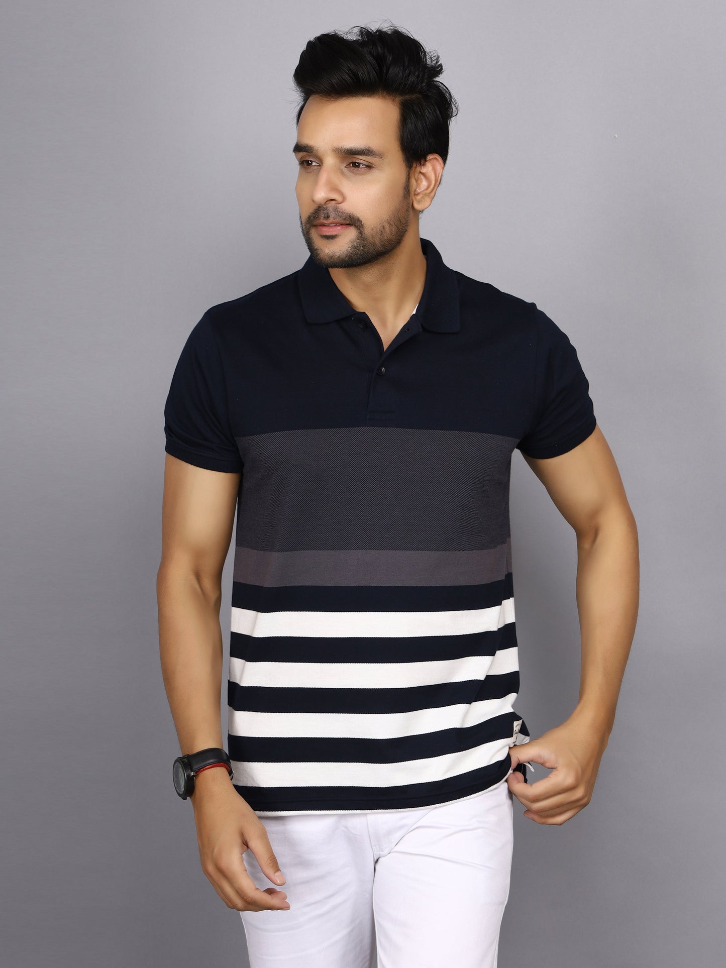 Men Striped Polo Neck Cotton Blend Half Sleeve T-Shirt