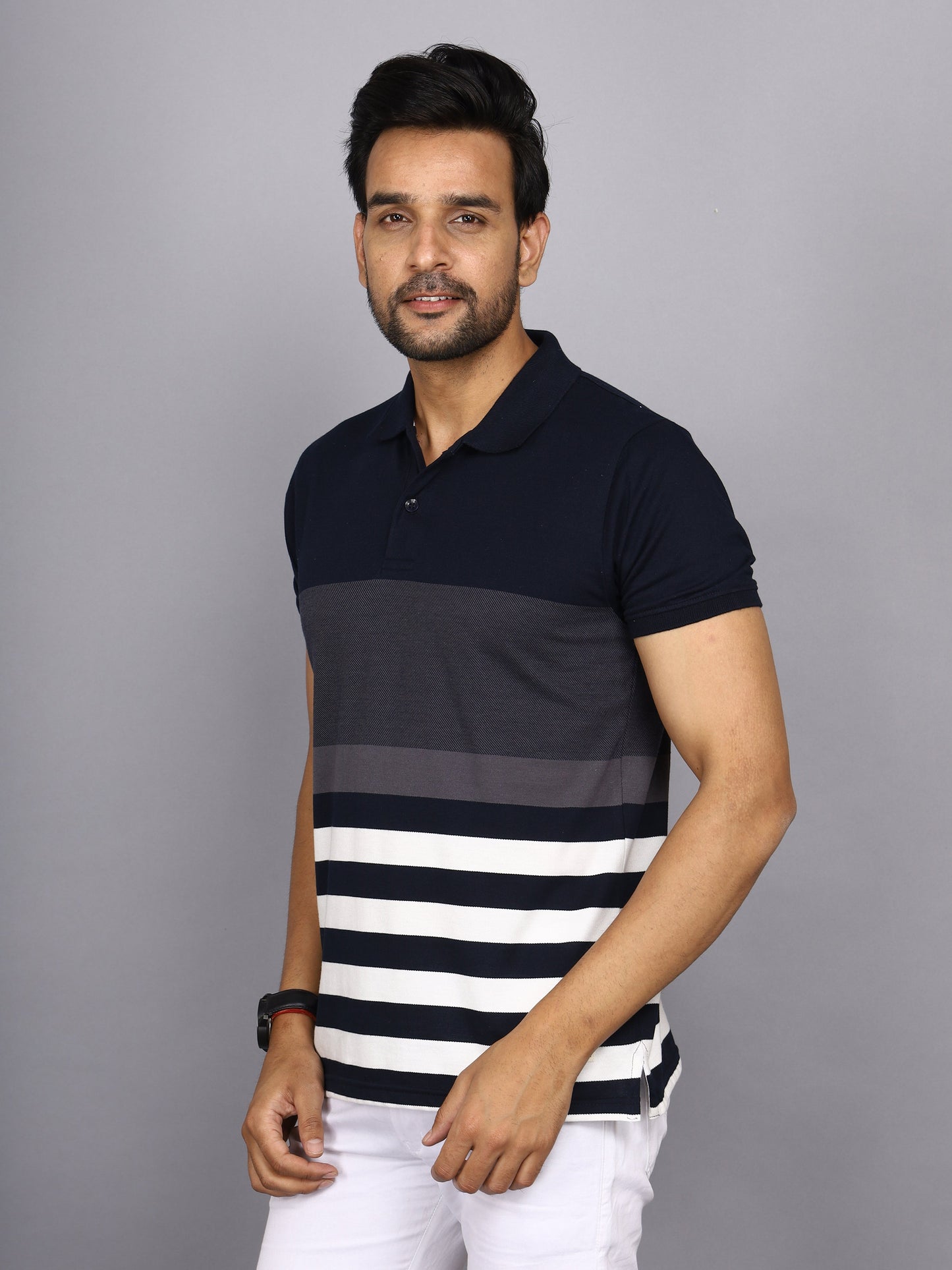 Men Striped Polo Neck Cotton Blend Half Sleeve T-Shirt