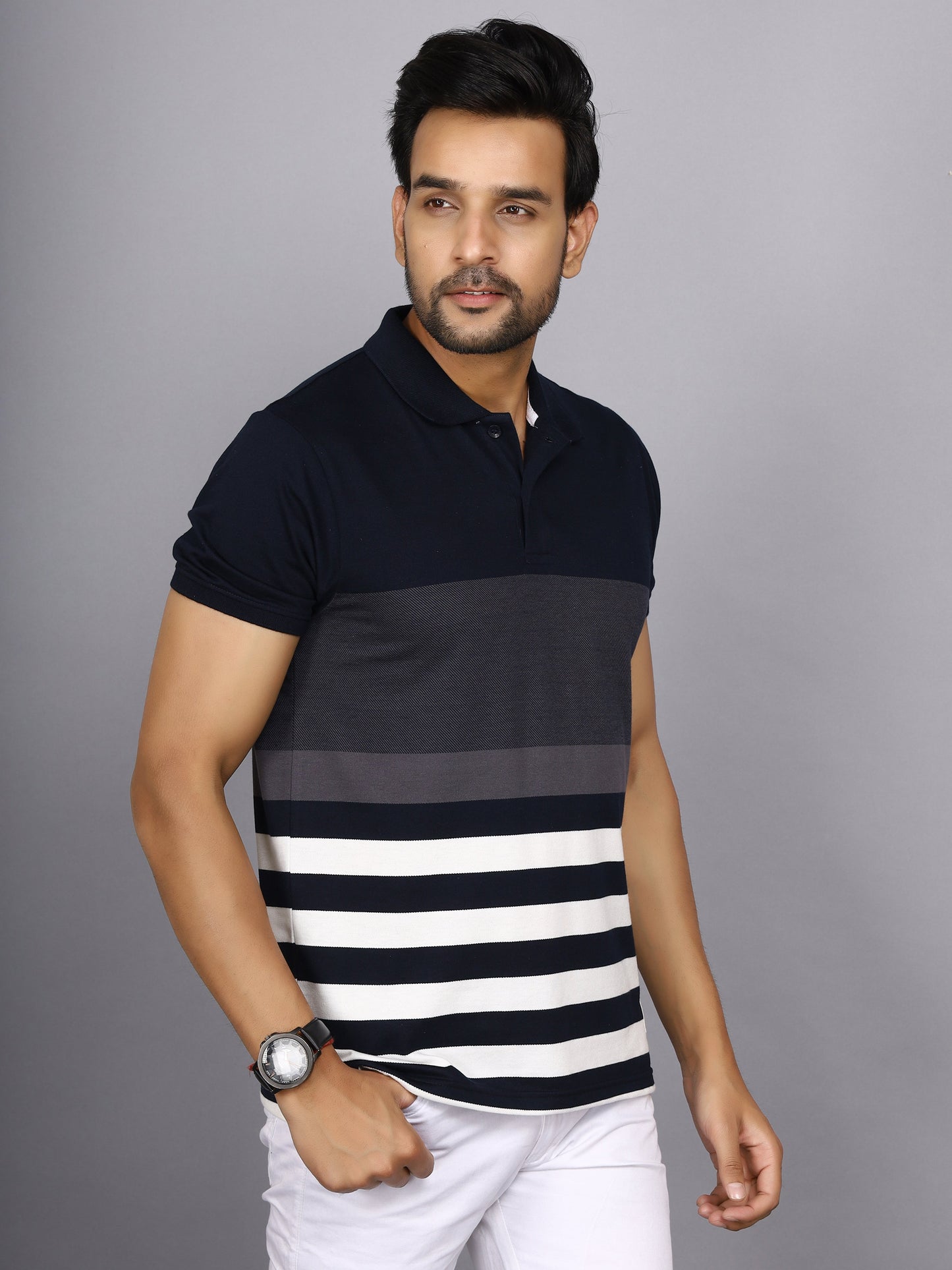 Men Striped Polo Neck Cotton Blend Half Sleeve T-Shirt