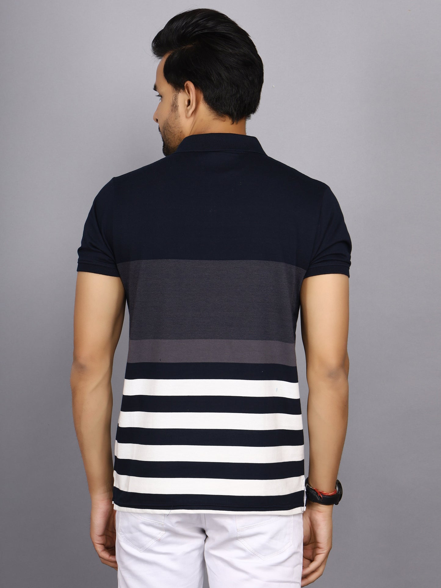 Men Striped Polo Neck Cotton Blend Half Sleeve T-Shirt