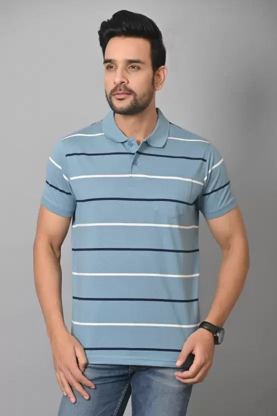 Arbour Men Polo Neck Stripes Pocket Half Sleeves T-Shirt