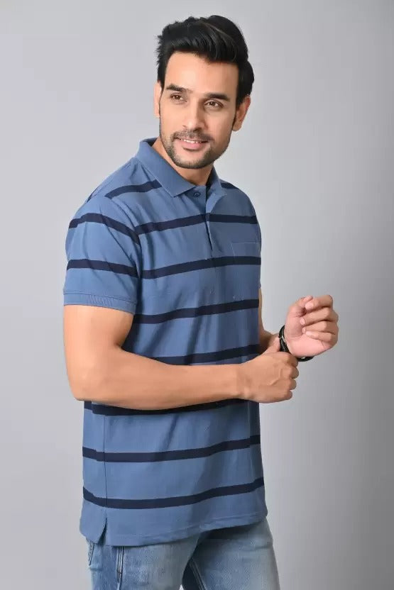 Arbour Men Polo Neck Stripes Pocket Half Sleeves T-Shirt